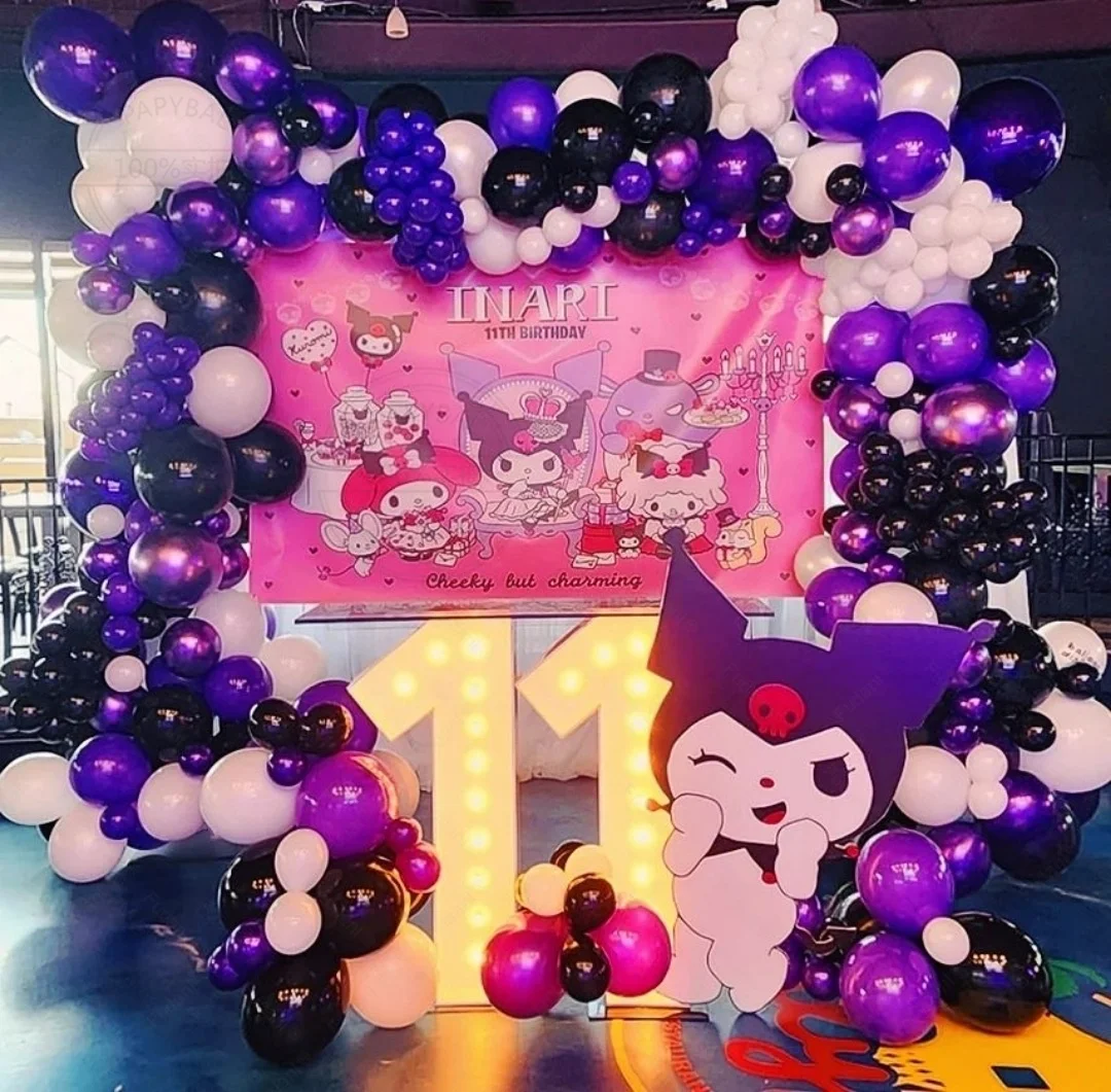 244pcs Sanrio Kuromi Theme Purple Party Balloon Arch Kit White Number 1-9 Foil Balloons for Kids Girl Birthday Decor Supplies