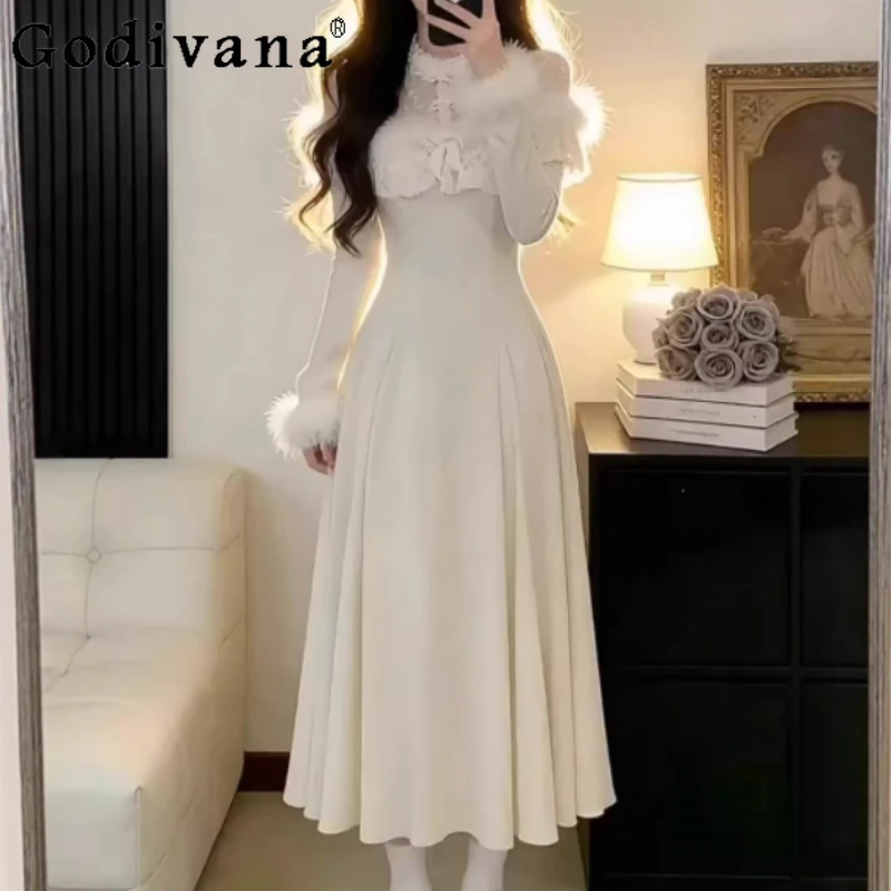 

Autumn Winter 2XL Elegant French Sweet Lace Splicing Slim Round Neck Long Sleeve Dress Female High Waist A-line Korean Dresses