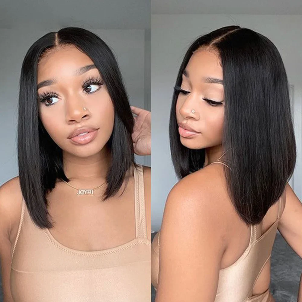 Bob Human Hair Straight Wig Transparent Lace Front Wigs Pre Plucked 200% Density Natural Color 14 Inches For Black Women