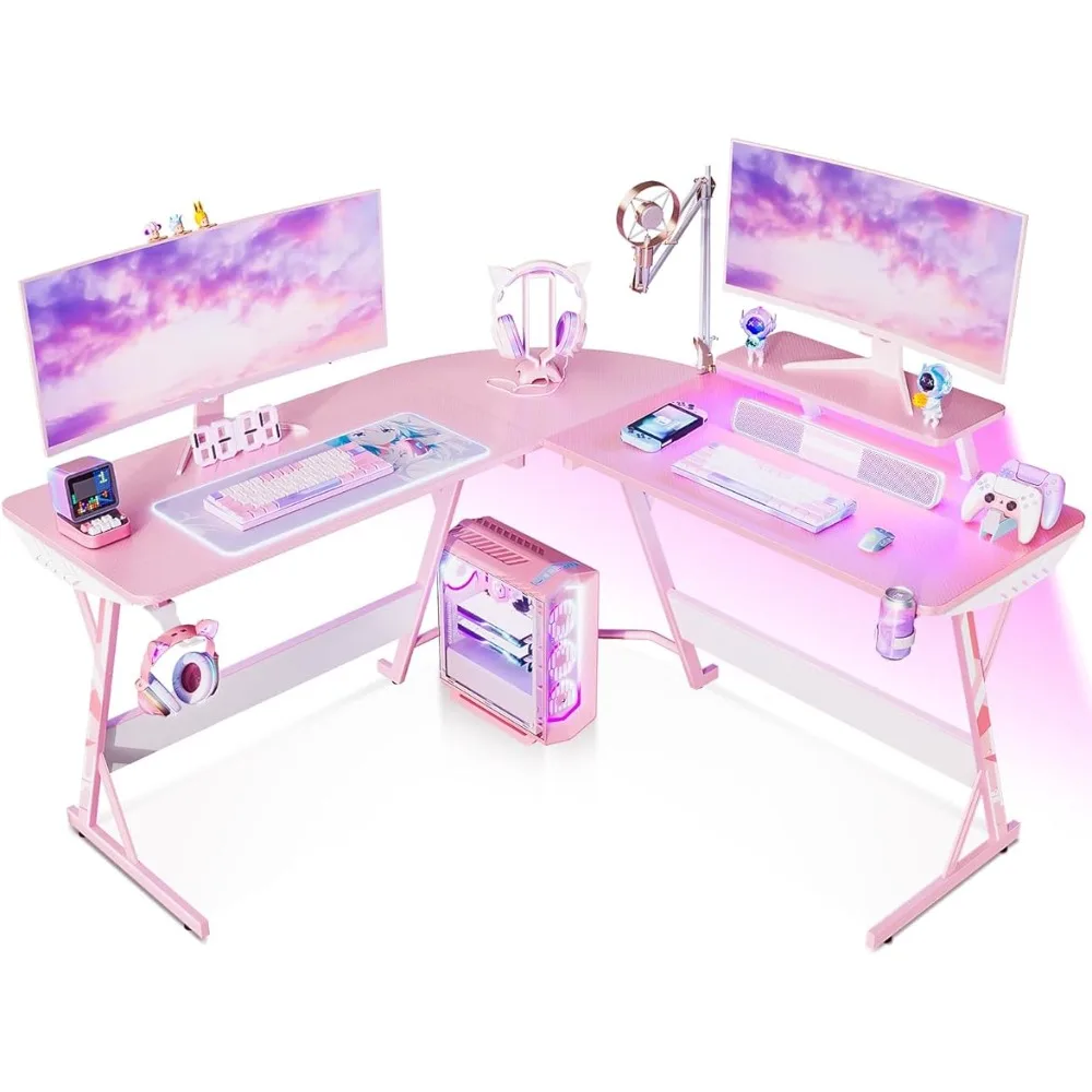 

Pink Gaming Desk with LED Lights, Carbon Fiber L Shaped Gaming Desk, Gamer Desk with Monitor Stand & Cup Holder & Headphone Hook