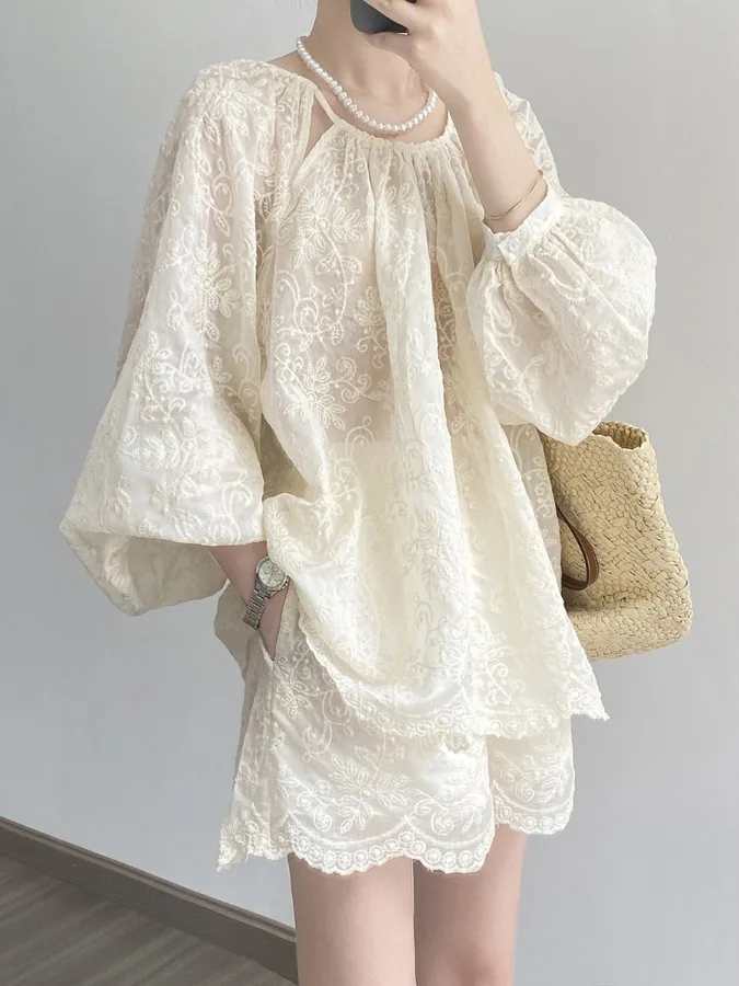 

Summer Loose Women's Sun Protection Shirt Shorts Two-Piece Set Embroidered Lyocell Five-Piece Pants Relaxed Style Outfit Set