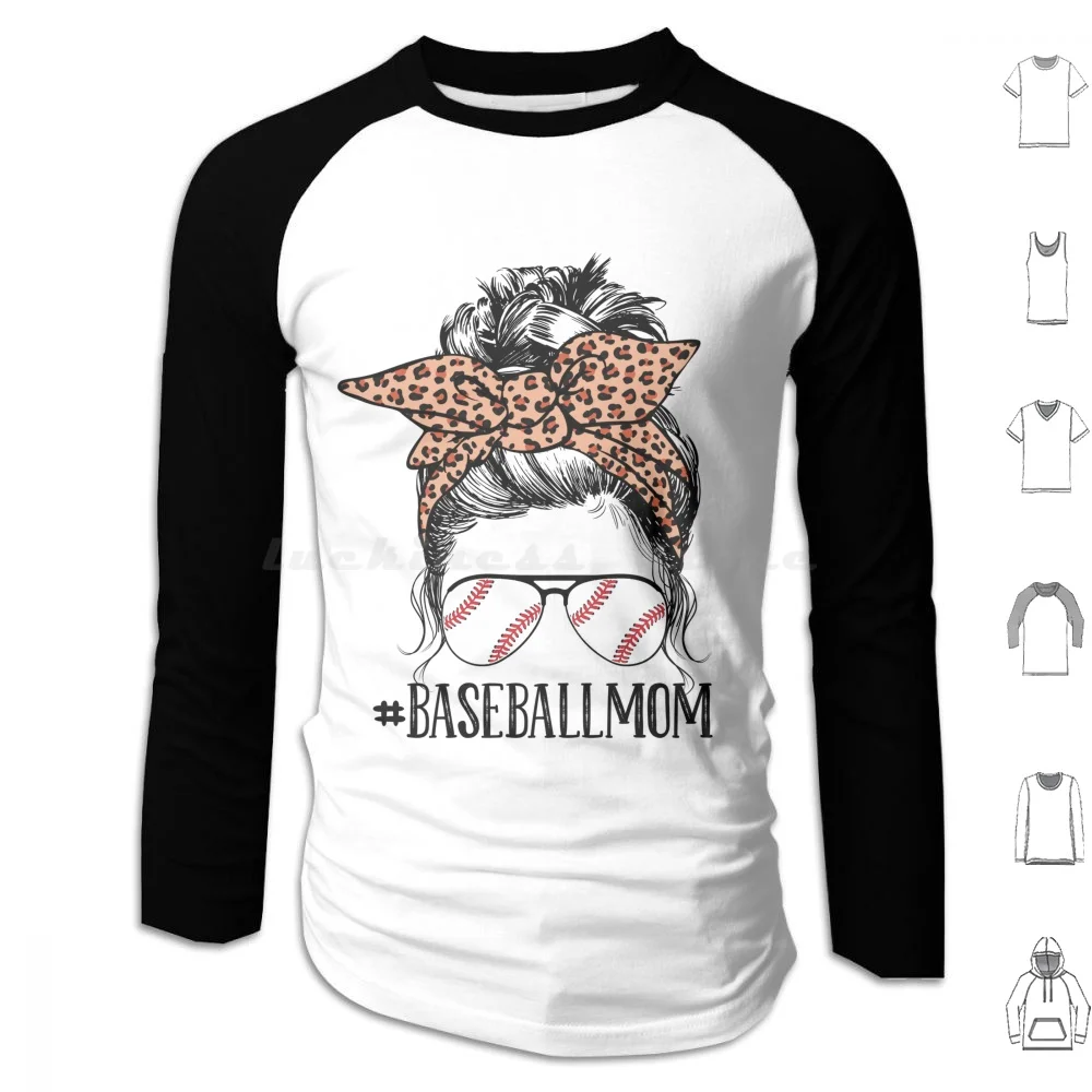 Baseball Mom Leopard Messy Bun Funny Game Day Mother's Day Hoodies Long Sleeve