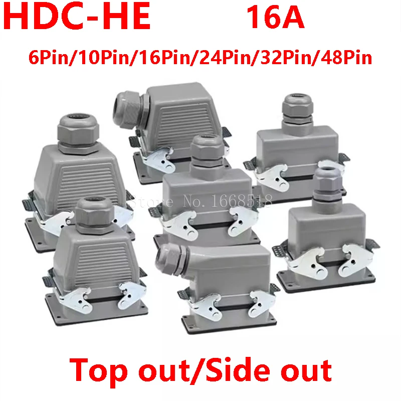 

HDC-HE6 10 16 20 24 32 48 Core Pin 16A Rectangular Heavy Duty Connector Waterproof Aviation Plug Top And Side Line Connector