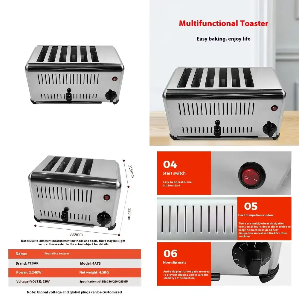 Stainless Steel Electric Bread Bun Burger Processing Commercial 4/6 Slice Bread Toaster Electric Bread Maker Toaster Oven