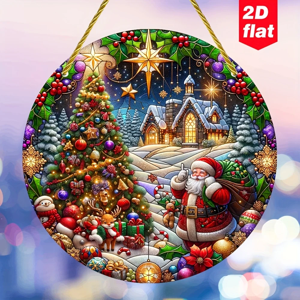 2D-Flachdruck, 1 Stück, Sonnenfänger mit Weihnachtsthema, Acryl-Hängeschild, dekoratives Buntglas-Kunstschild, geeignet für Windo