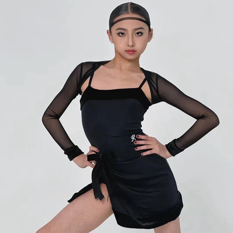 

2024 Latin Dance Competition Dress For Girls Chacha Rumba Tango Clothes Kids Clothing Black Mesh Tops Dress Latin Suit DQS15494