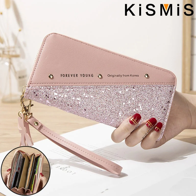 KISMIS New Long Women's Zipper Wallet - Korean Splicing, Color Contrast, Tassel, and Rivet Details