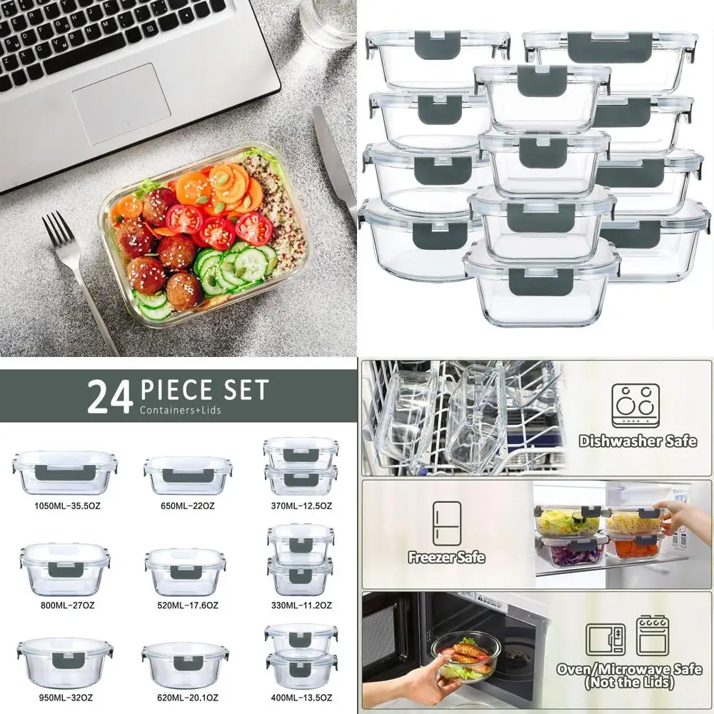 

Airtight Glass Meal Prep Containers Set - 24-Piece, Snap Lock Lids, Microwavable, Oven, Freezer, Dishwasher Safe