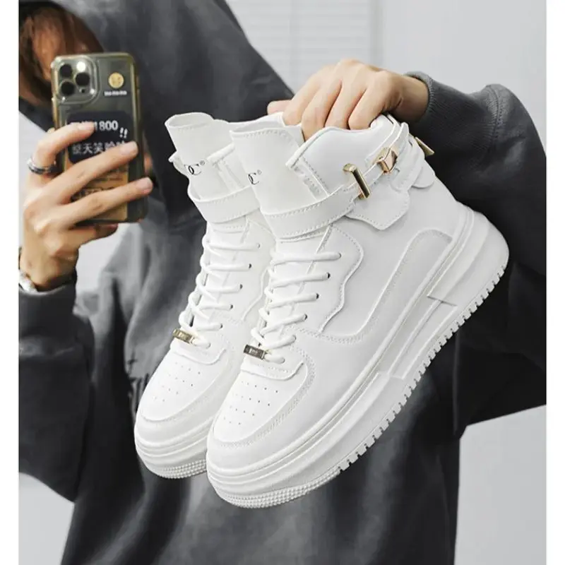 

Men's Light Luxury High-Top Sneakers Autumn Fashion Thick-Soled Sports White Leather Board Shoes Trendy Men's Footwear