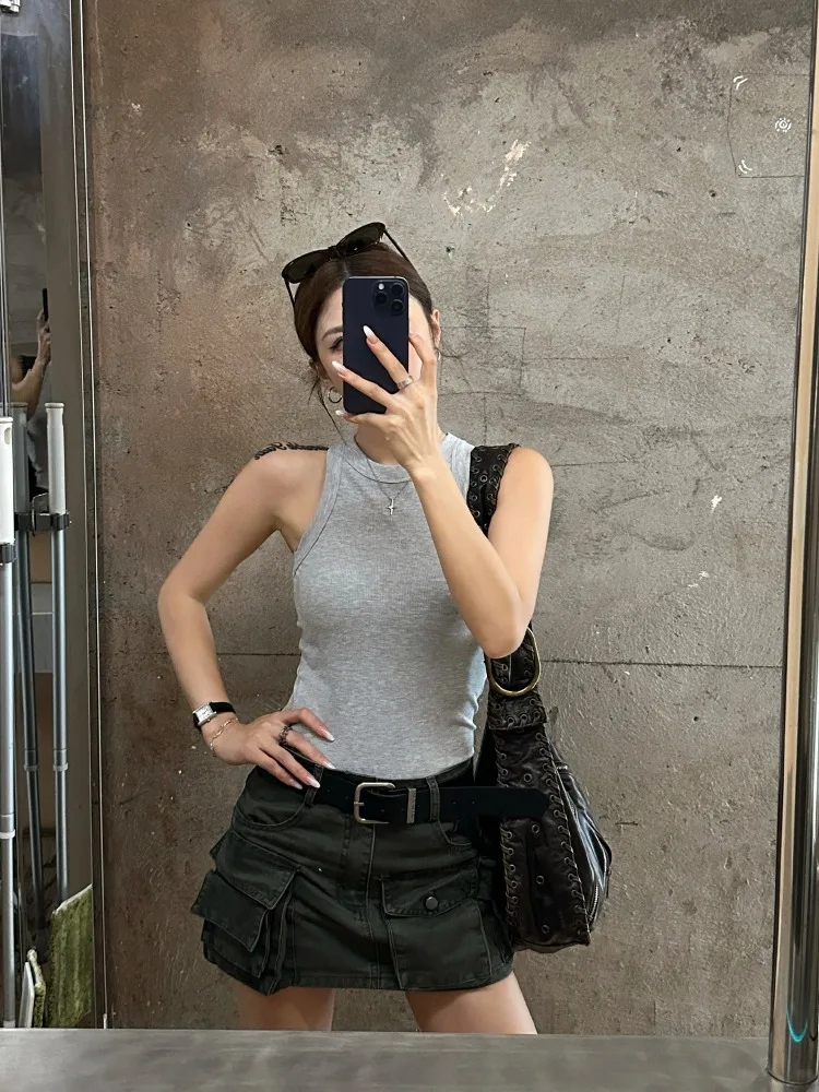 【FANGTING】 Women Army Green Cargo Skirt Summer Unique Slim A-line Mini Skirt Y2K American Hot Girl Hip Wrap Short Skirt