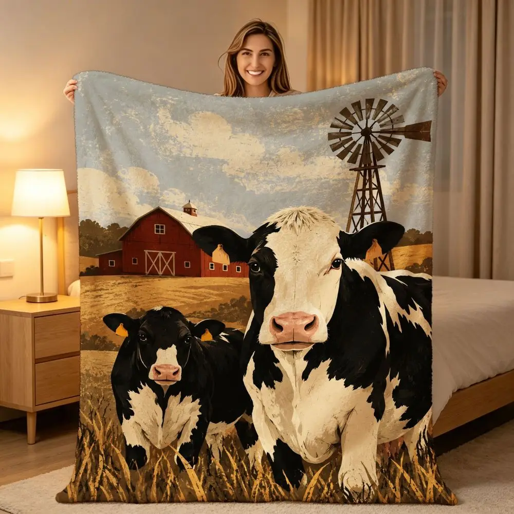 Pastoral Farm Scene Fleece Throw Blanket Soft Cozy Large Blanket with Holstein Cows Red Barn Windmill Golden Field for Room Sofa Travel Camping Living Room Gifts for Home Decor