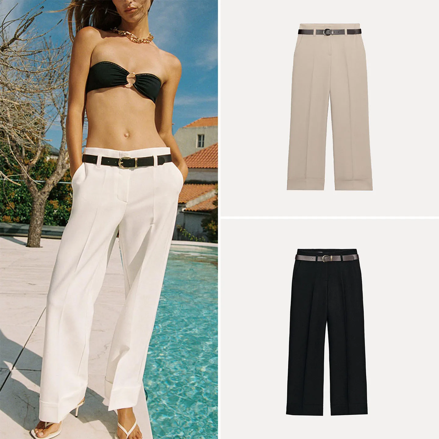 Fashionable Straight Leg Pants with Belted Cuffed Hem Natural Waist Casual Trousers for Women New 2026 Autumn Collection