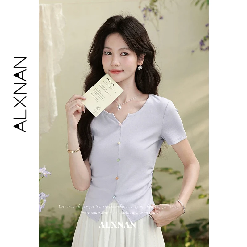

ALXNAN Purple Women T-shirt Summer New Colorful Button Split Slim Casual T-shirts 2026 Elegant Short Sleeve Tops Female L65307