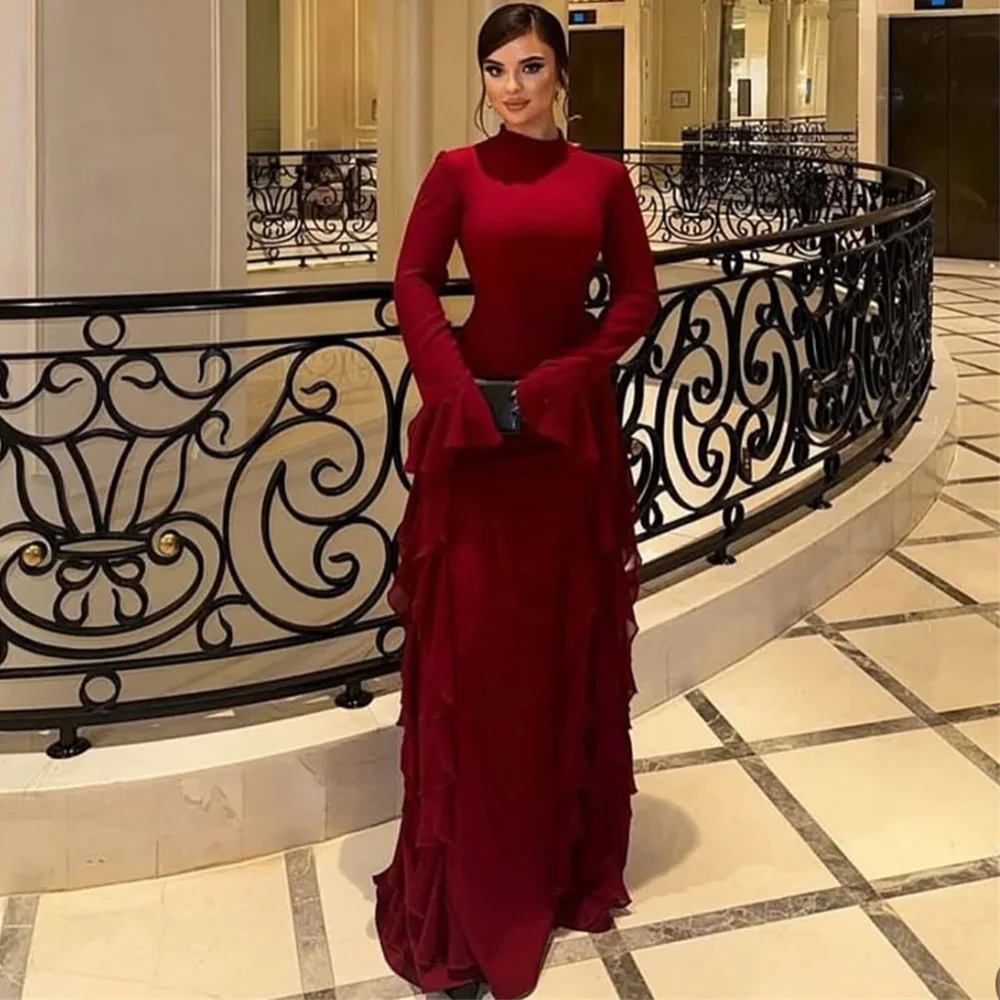 

Simple Long Sleeves O-Neck Homecoming Dress Customized Temperament Chiffon Evening Dress Elegant A-Line Ruched Celebrity Gowns