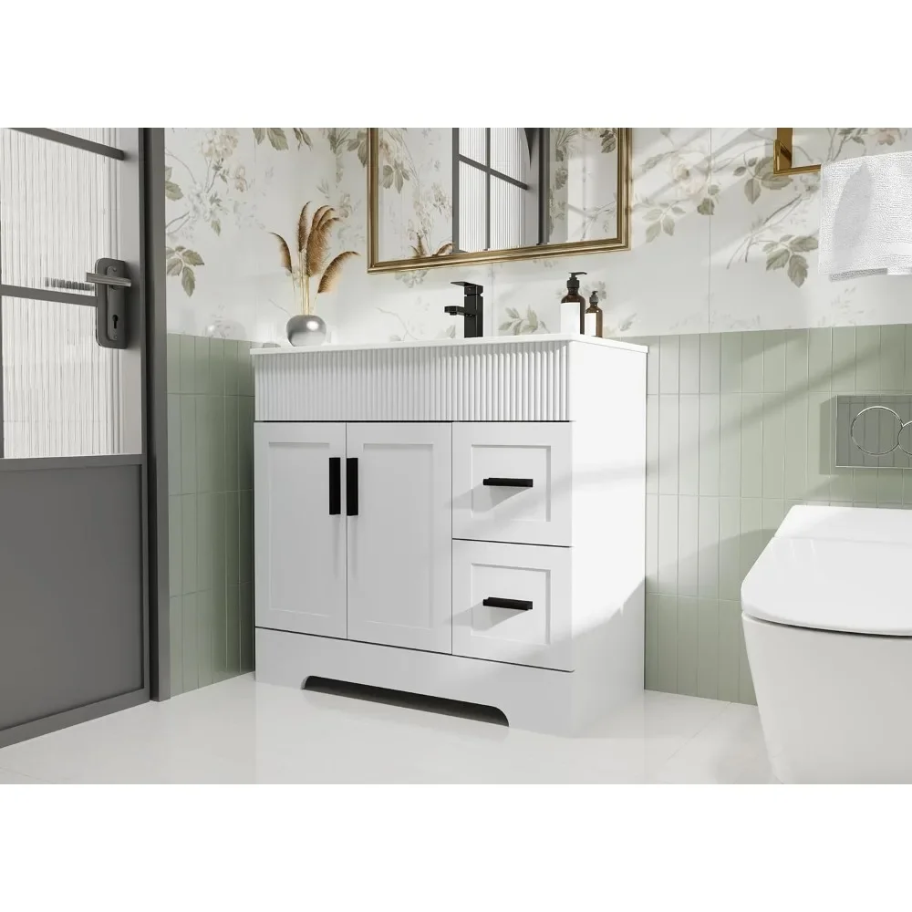 

36" Modern Bathroom Vanity Sink Combo – Painted Surface, Drawered Cabinet with Decorative Wave Lines & Undermount Single Sink