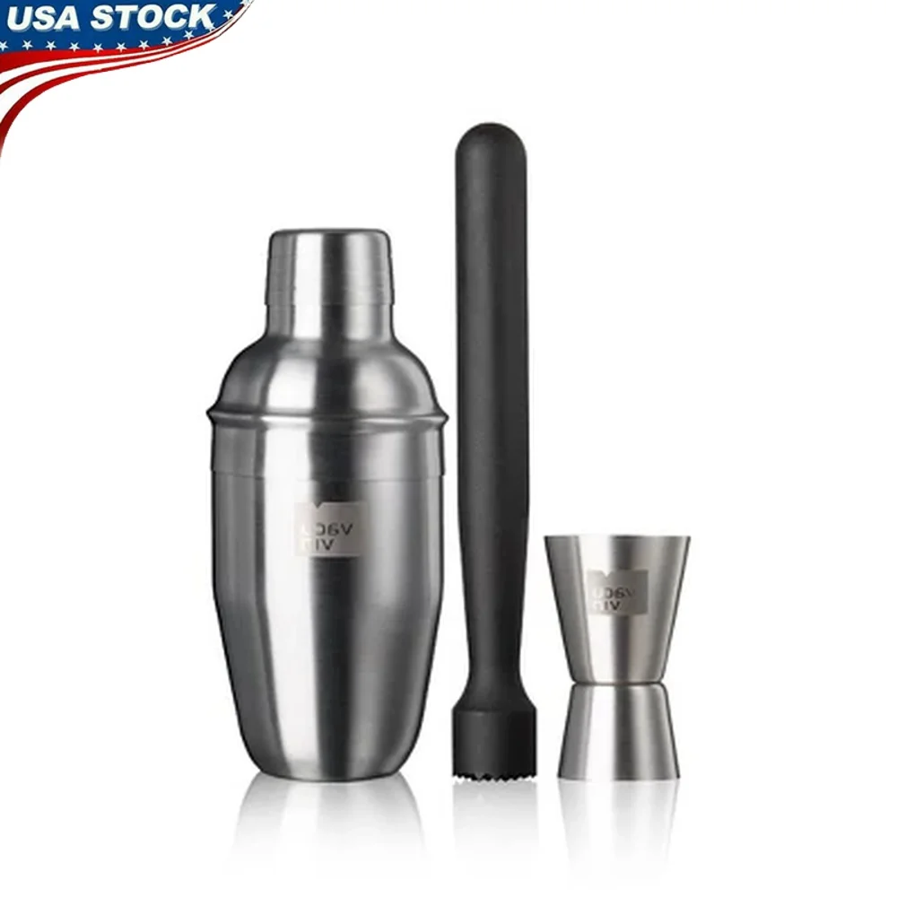 

Коктейльный набор из 3 предметов из нержавеющей стали с шейкером и сетчатым фильтром, двойной джиггер, моющийся в посудомоечной машине, необходимые инструменты для миклогии