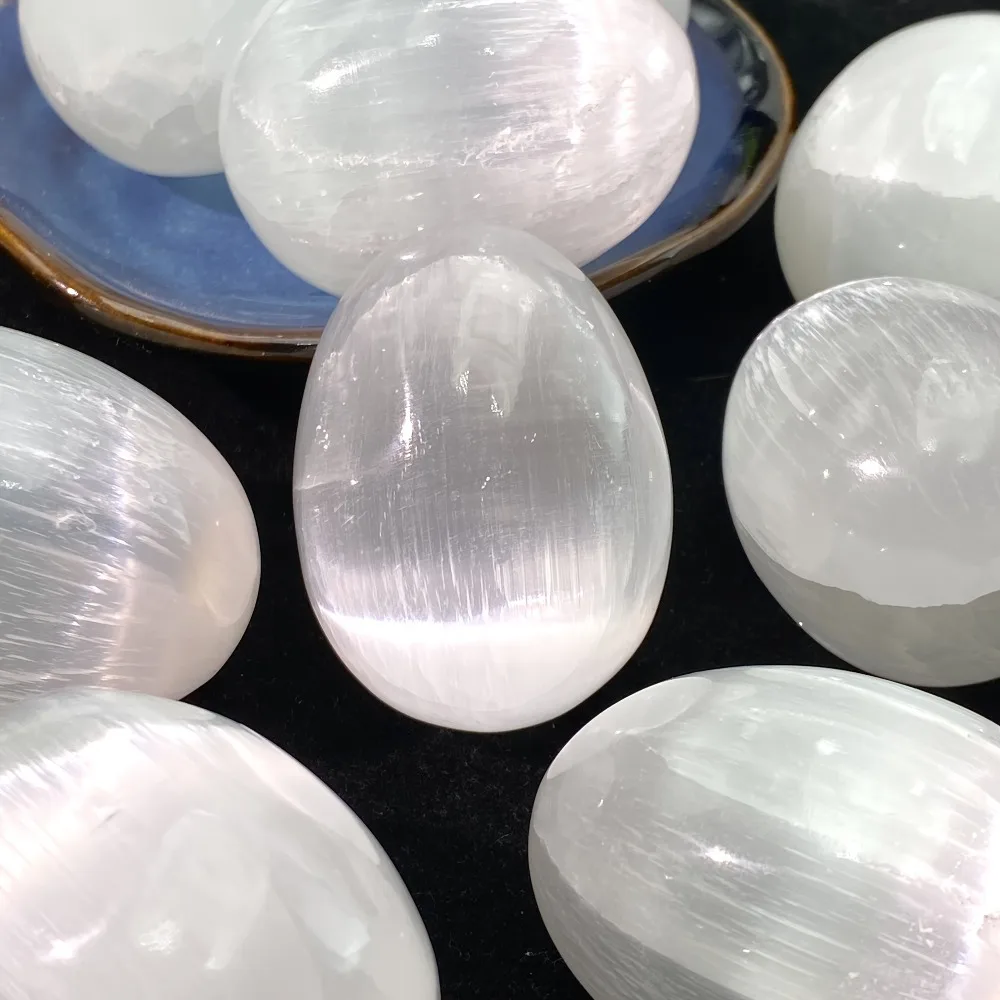Natural Selenite Egg Shape (With Base)Healing Crystals Energy Gypsum Mineral Meditation Stone Home Decoration Satin Spar Carving