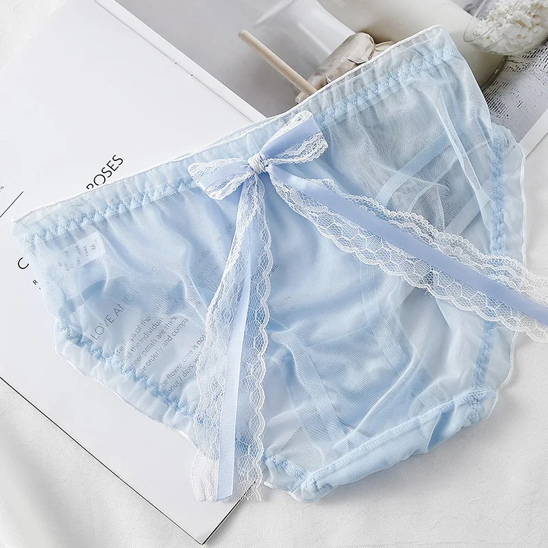 Mesh Transparent Sexy Lace Bow Thin Breathable Women\'s Underwear High Elasticity Japanese Style Cute Lovely Sweety Panties