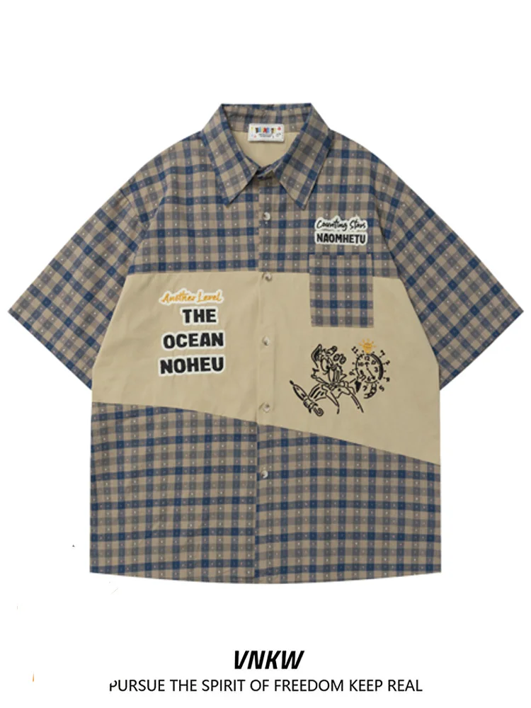 

Summer Plaid ort Sve Casual irt Men's Women's Vintage Street Thin Outerwear Couple's Loose Fit Cotton Youth Faion