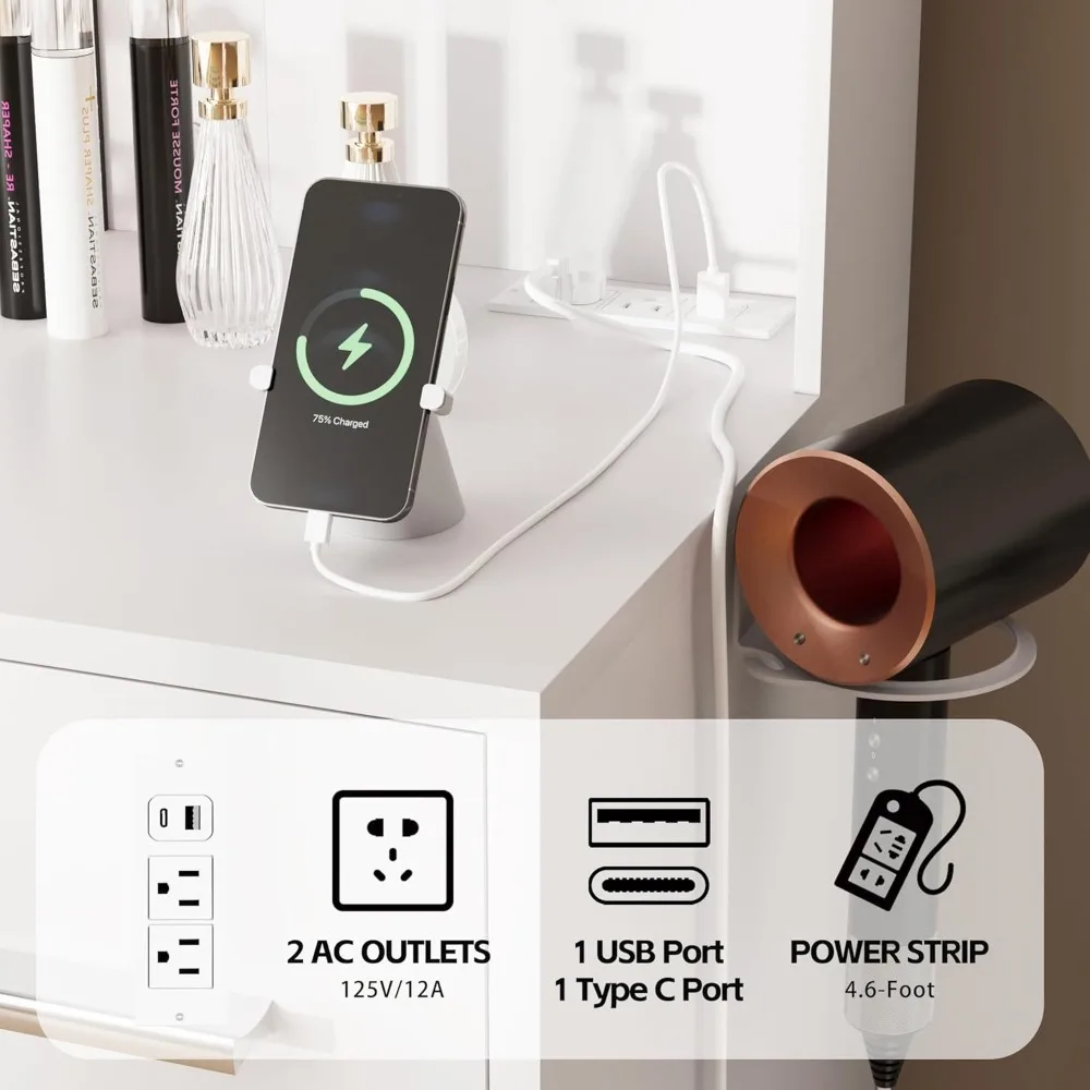 مكتب فورماكس مع مرآة وأضواء LED وطاولة مكياج بمنفذ طاقة مع 7 أدراج و6 أرفف تخزين لخلع الملابس #6