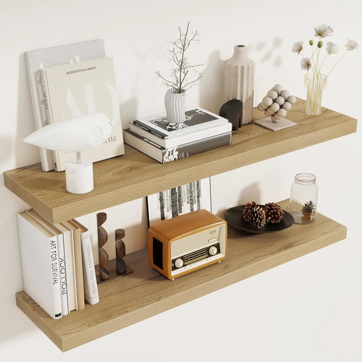 

40 Inch Floating Shelves Set of 2, 8" Deep, Rustic Wall Shelf for Bedroom, Kitchen, Bathroom, Books, Decor, Oak