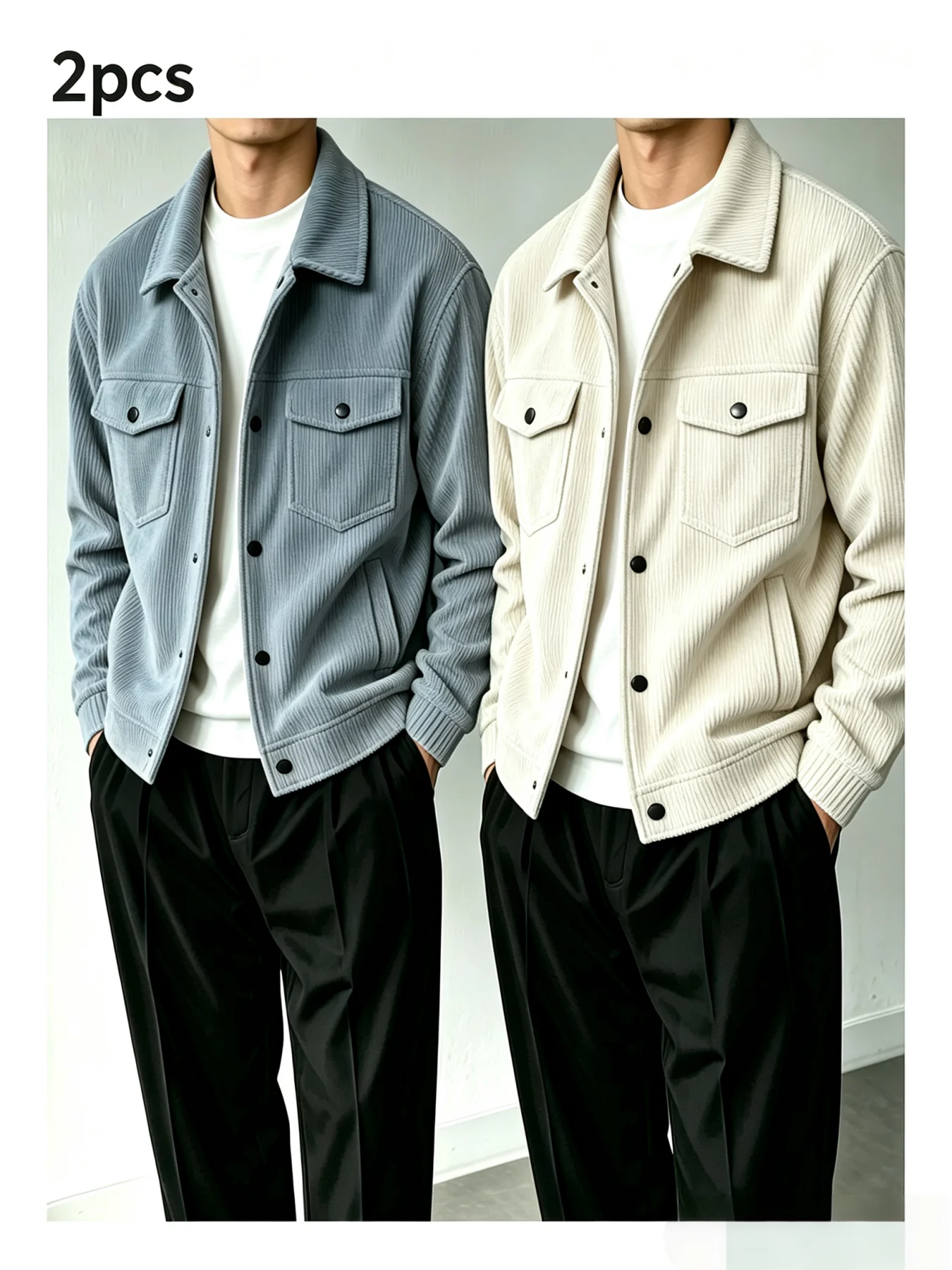 2Pcs Men Corduroy Lapel Jacket Set Button Down Casual Trucker Coat With Flap Pockets Autumn Winter Long Sleeve Outerwear