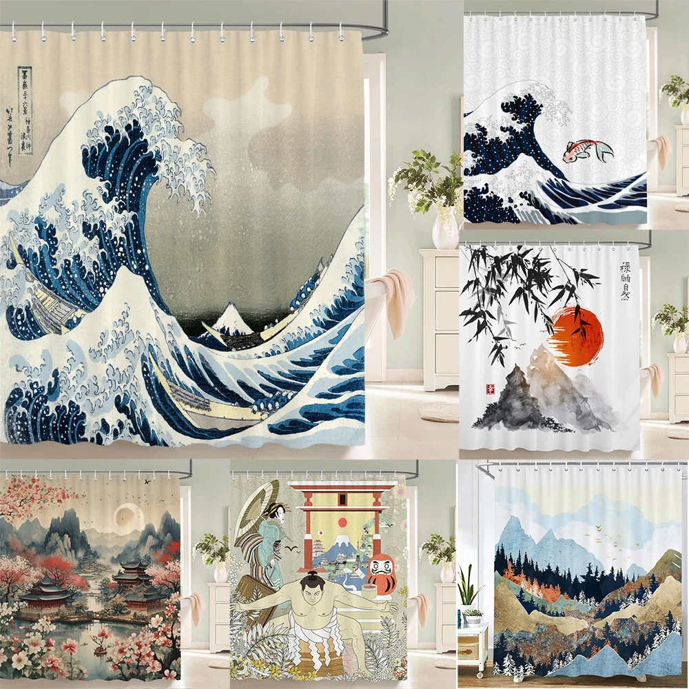 

Japanese-style Shower Curtain 3d Ink Painting Bathroom Curtain Waterproof With Hooks 180*240CM Shower Curtain Polyester Fabric