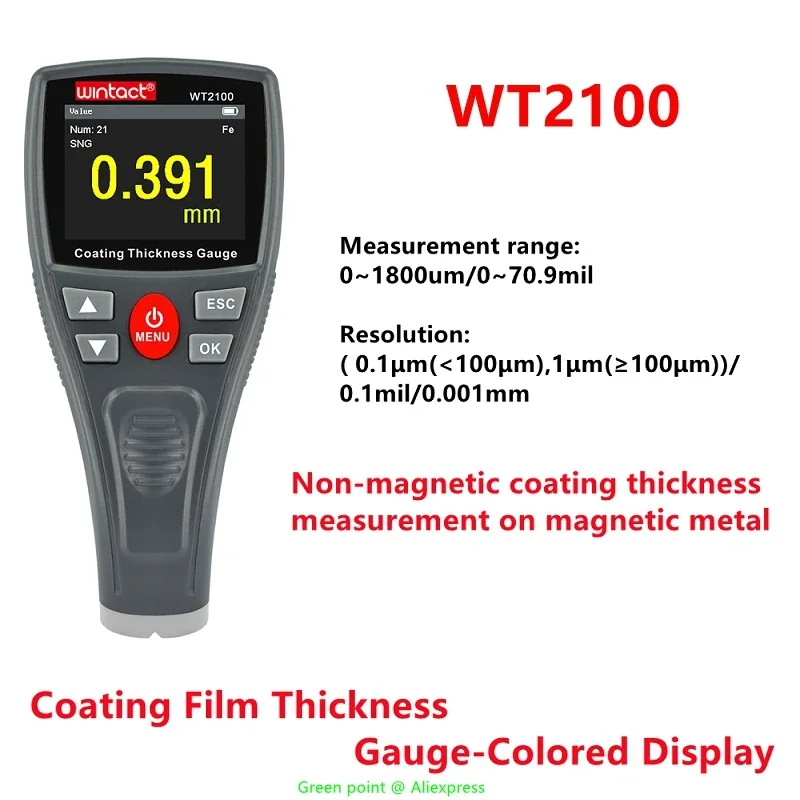

5PCS HD Handheld Coating Film Thickness Gauge-colored Display WT2100 Portable Thickness Metal Tester With Three Calibration Mode