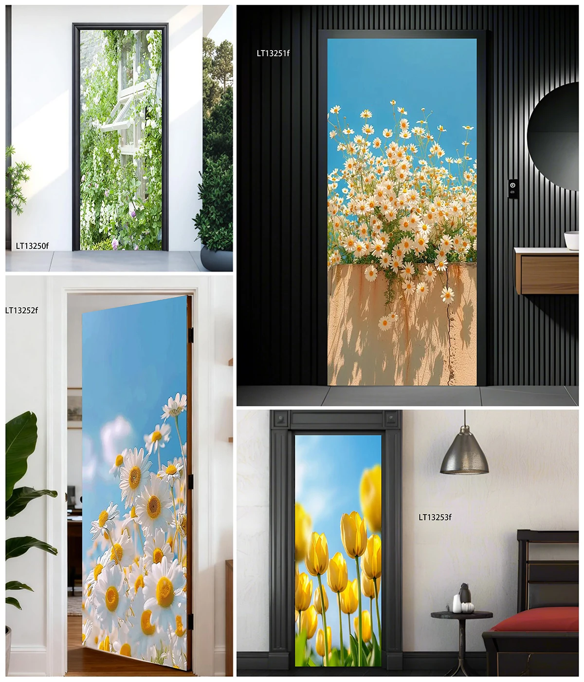Green Vine White Flower Balcony Scenery Door Sticker Waterproof Self Adhesive Decal Tear Resistant Indoor Home Door Wrap Decor