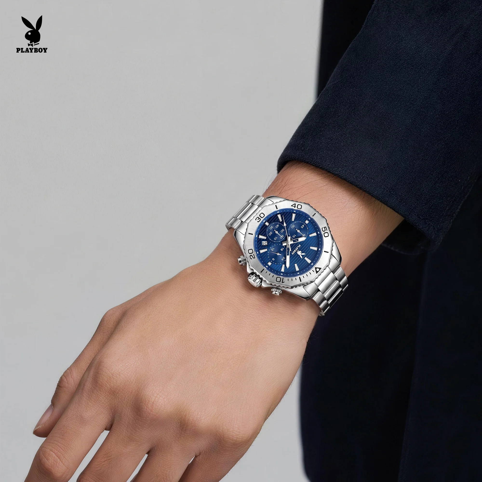 PLAYBOY 3566 Original Quartz Watch Chronograph Round Dial Date Window Stainless Steel Bracelet 30m Waterproof HD Luminous Watch