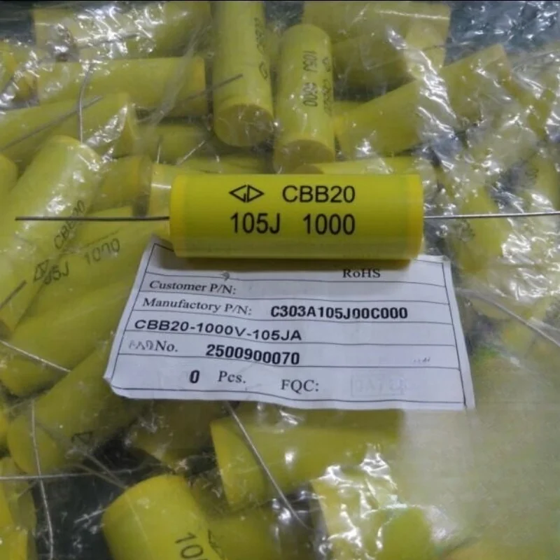 

5 шт. CBB20 1,0 мкФ 1000 В 1u0f 1 мкФ 105 осевой пленочный конденсатор