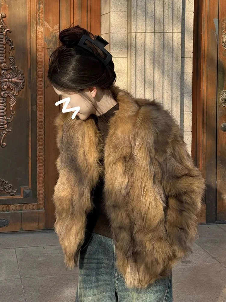 

Элегантное винтажное пальто из искусственного меха, женская тонкая зимняя куртка с длинным рукавом из искусственного лисы, корейская повседневная мягкая теплая верхняя одежда с открытой строчкой в стиле ретро