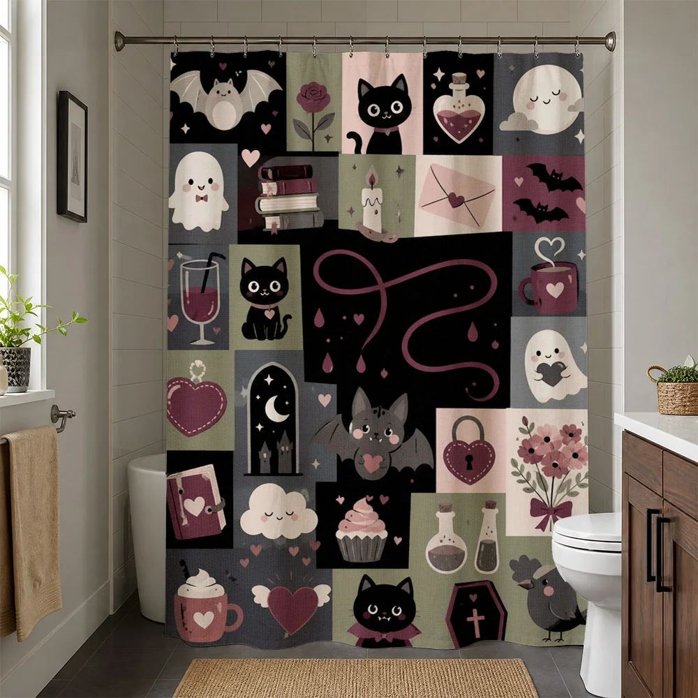 Spooky Cute Halloween Bathroom Shower Curtain Gothic Kawaii Witchy Bat Ghost Theme for Kids Adults