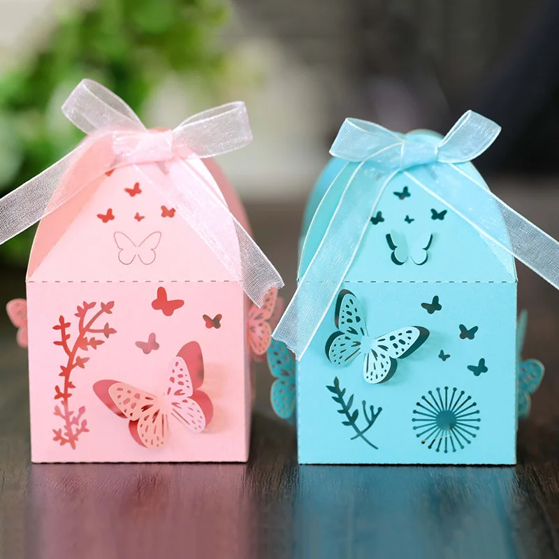 

50Pcs Laser Cut Butterfly Candy Box Lace Flower Chocolate Wedding Favor Gift Packaging Box With Ribbon Birthday Party Decoration