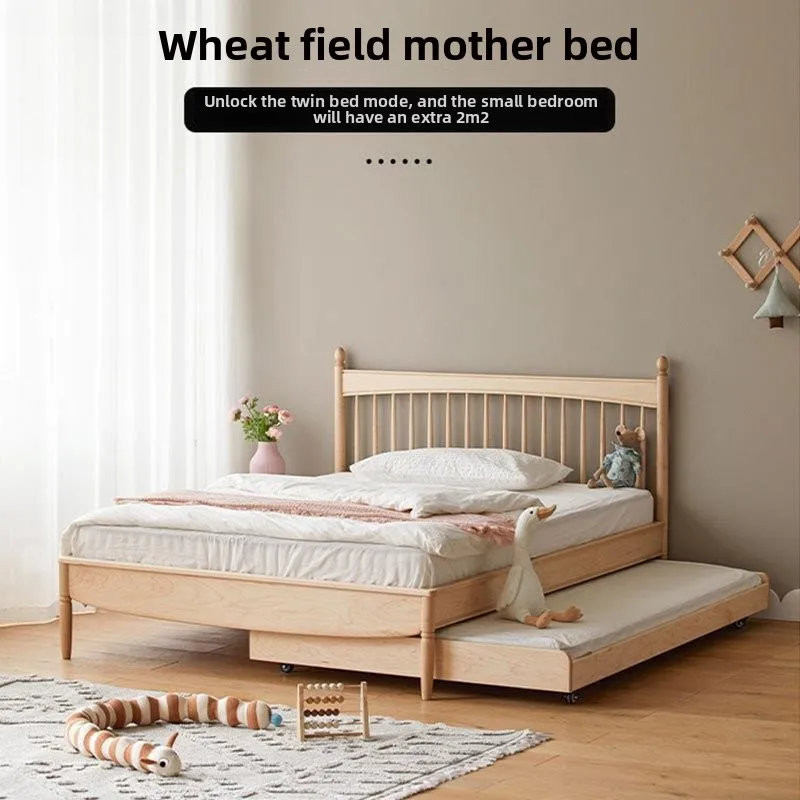 American hard maple mother and child bed splicing, all solid wood bed high and low double pull-out bed double trailer tatami