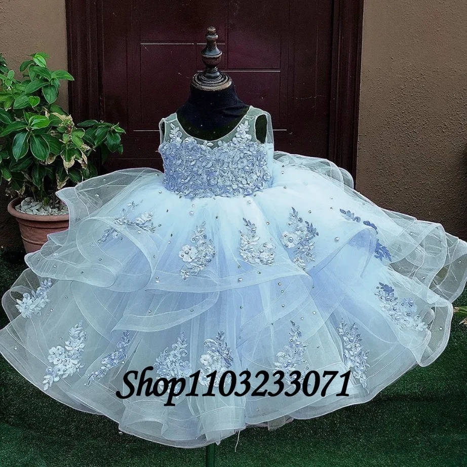 Light Blue Flower Baby Girl Dress Ankle-Length Sleeveless Lace Kids Princess Girls Wedding Birthday First Communion Party Dress