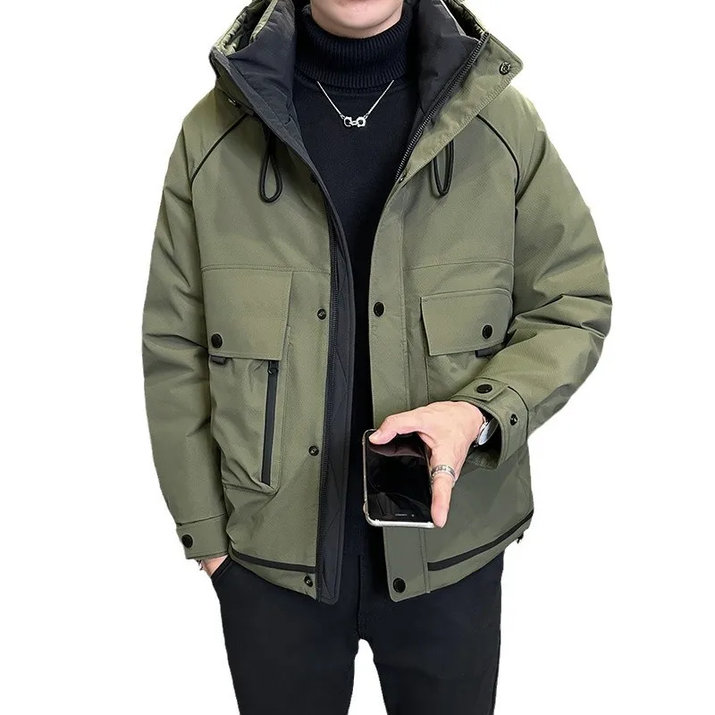 New Winter Men's Hooded White Duck Down Jackets Thickened Hooded Outdoor Down Padded Pockets Work Wear Parka Coats Man JK-123