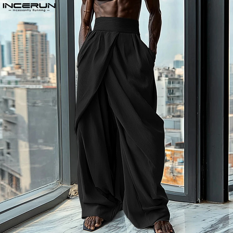 INCERUN 2024 American Style Trousers Fashion Men Solid Pleated Cross Design Long Pants Casual Party Shows High Waisted Pantalons