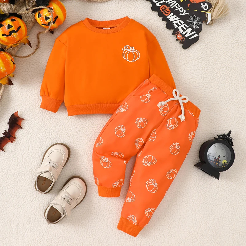 Kid Clothes Boys Halloween Outfits Girl Long Sleeve Round Neck Pumpkin/Bat Print Tops Pants Sets Children\'s Clothing