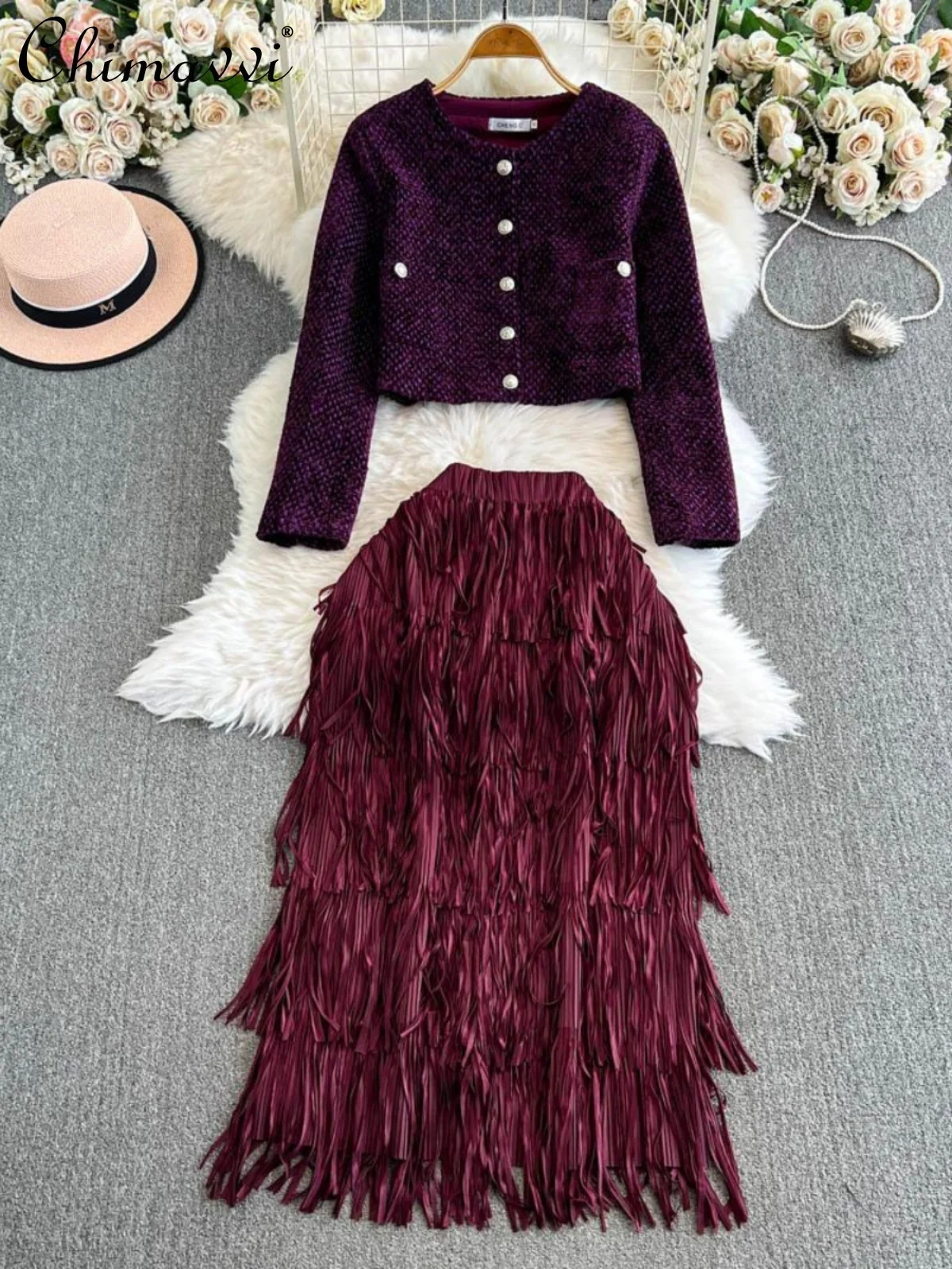 

French Elegant Socialite Purple Round Neck Single-breasted Short Jacket High Waist Slim Tassel Skirt Two-piece Set Women Autumn