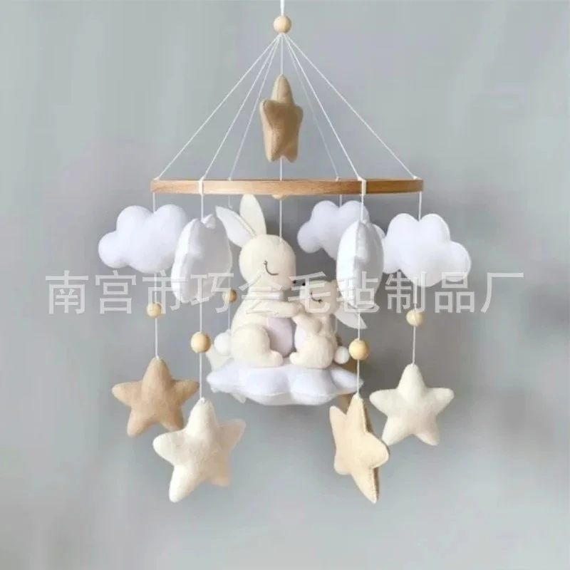 Handmade Soft Felt Bunny Baby Mobile Neutral Beige Cloud Star Wooden Crib Mobile For Newborn Nursery Decor Baby Shower Gift
