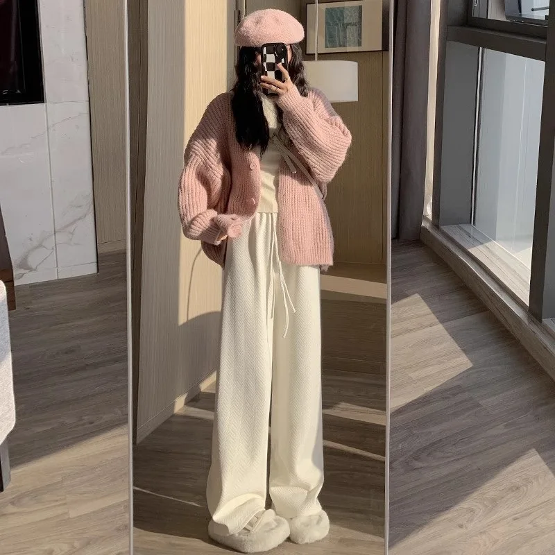 ارتفاع الخصر بنطال ذو قصة أرجل واسعة المرأة الخريف الشتاء فضفاض عادية طول الأرض بنطلون صوف مبطن الكاكي السراويل مزيج البوليستر #4