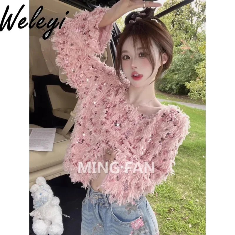 

Sweet Sequined Feather Pink Sweater Female 2024 Winter New Loose Women's Round Neck Long Sleeve Knitted Top Sueters De Mujer