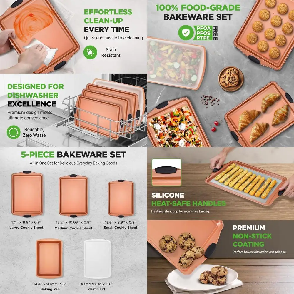 

5-Piece Non-Stick Baking Set with Stackable Pans and Silicone Handles - Ideal for Cakes, Cookies, Brownies