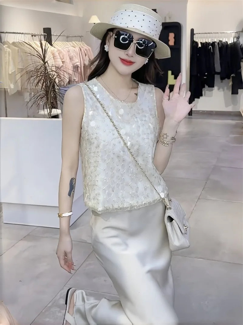 New High End French Summer Two Piece Set Women Fashion Sequined Sleeveless Vest Top + Mermaid Slim Skirt Small Fragrant Suit