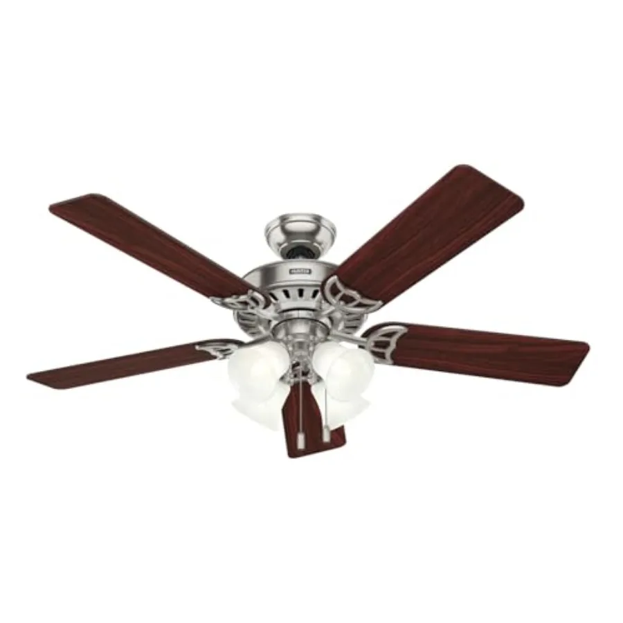 

52 inch indoor ceiling fan with LED lights and pull chain for bedroom living room or kitchen, brushed nickel finish, quiet oper
