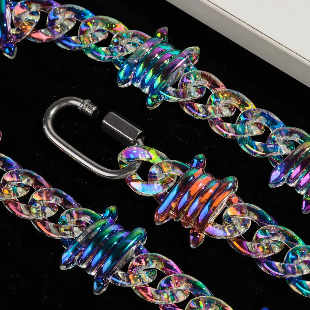 New Punk Iridescent Clear Acrylic Chain Lock Pendant Necklaces for Men Women HipHop Spike Chain Collar Fashion Jewelry Gifts