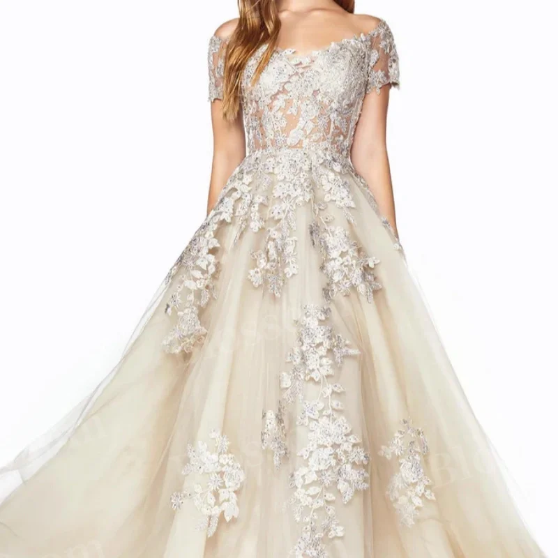 

Women'S V-Neck Short-Sleeved Party Dress Floor-Length Formal Occasion Party Dress Beautiful Applique Pattern Dress