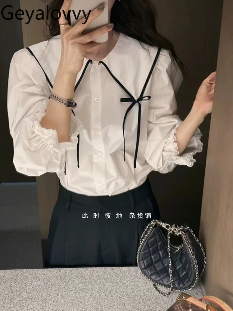 

Белая рубашка в корейском стиле с цветными блоками и большими лацканами, осенняя милая универсальная блузка для девочек с галстуком-бабочкой, хлопковые топы с длинными рукавами