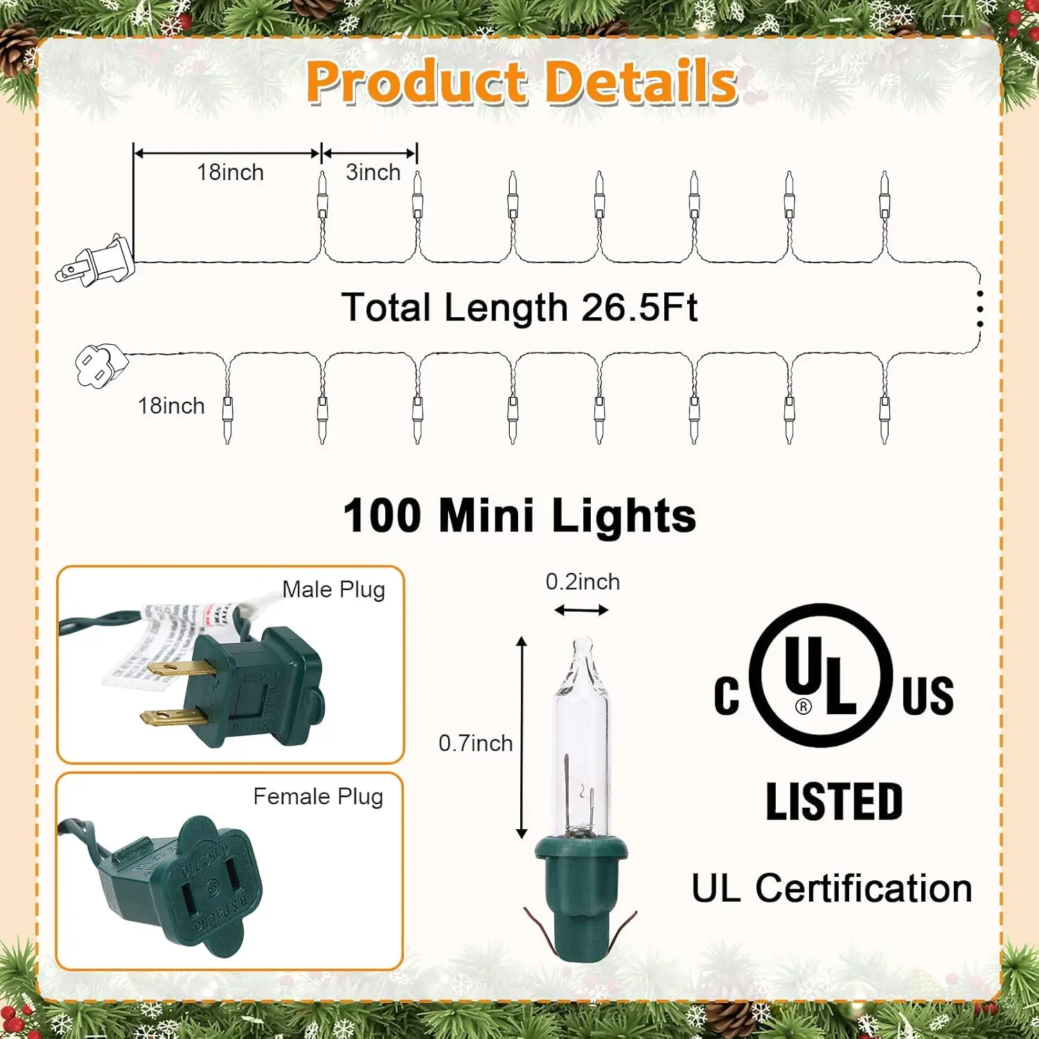 400 التهم 106Ft أضواء عيد الميلاد 100 أضواء صغيرة 26.5 قدم سلسلة أضواء مع استبدال الصمامات والمصباح سلسلة Led مقاومة للماء